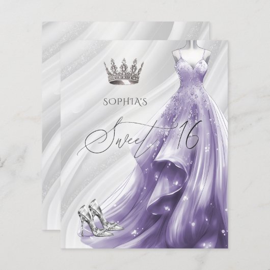 Uitnodiging voor zilver paarse jurk Sweet 16 op ee (Voorkant / Achterkant)
