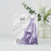 Uitnodiging voor zilver paarse jurk Sweet 16 op ee (Staand voorkant)