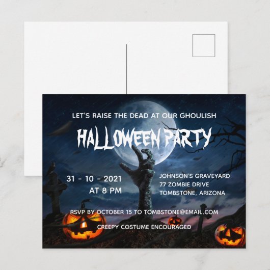 Uitnodiging voor Zombie Hand Volle Maan Griezelfee (Voorkant / Achterkant)