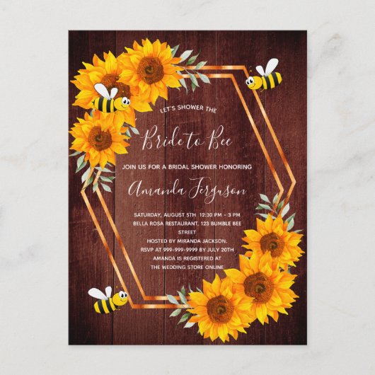 Uitnodiging voor zonnebloemen bruine hommels (Voorkant)