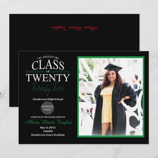 Uitnodiging voor zwart en groen Afstuderen met fot (Voorkant / Achterkant)