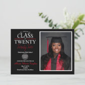 Uitnodiging voor zwart en rood Afstuderen met foto (Staand voorkant)