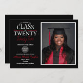 Uitnodiging voor zwart en rood Afstuderen met foto (Voorkant / Achterkant)