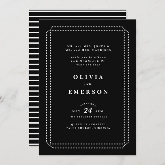 Uitnodiging voor zwart en wit klassieke bruiloft, (Voorkant / Achterkant)