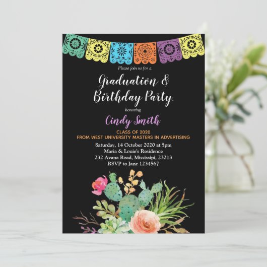 Uitnodiging voor zwart Fiesta-cactus afstudeerfees (Staand voorkant)