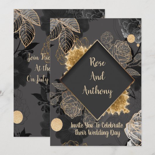 Uitnodiging voor zwart/goudweddenschappen (Voorkant / Achterkant)