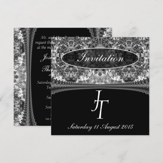 Uitnodiging voor zwart-wit Damask Monogram Weddens (Voorkant / Achterkant)