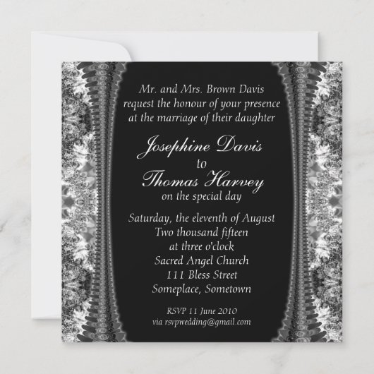 Uitnodiging voor zwart-wit Damask Monogram Weddens (Achterkant)