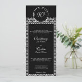 Uitnodiging voor zwart-wit Damask Monogram Weddens (Staand voorkant)