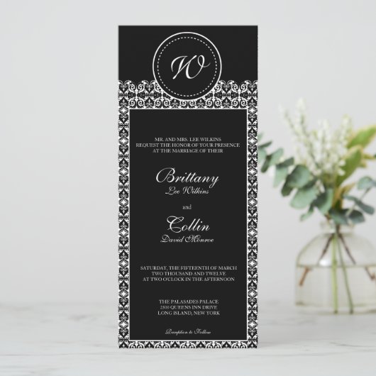 Uitnodiging voor zwart-wit Damask Monogram Weddens (Staand voorkant)