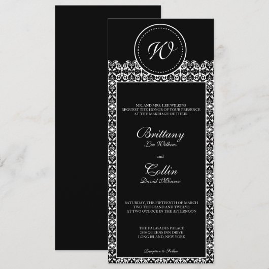 Uitnodiging voor zwart-wit Damask Monogram Weddens (Voorkant / Achterkant)