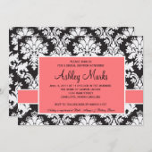 Uitnodiging voor zwart-wit en koraal Damask (Voorkant / Achterkant)