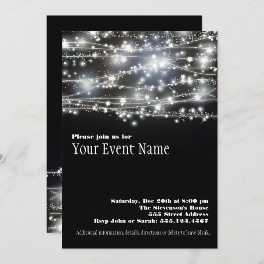 Uitnodiging voor zwart-wit feest met sprankelende  (Voorkant / Achterkant)