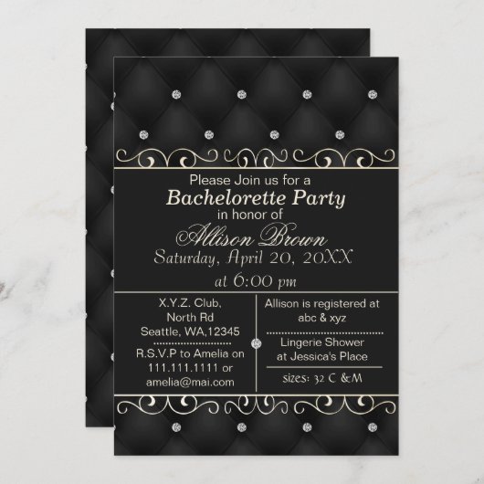 Uitnodiging voor zwarte bachelorette van FAUX-lede (Voorkant / Achterkant)
