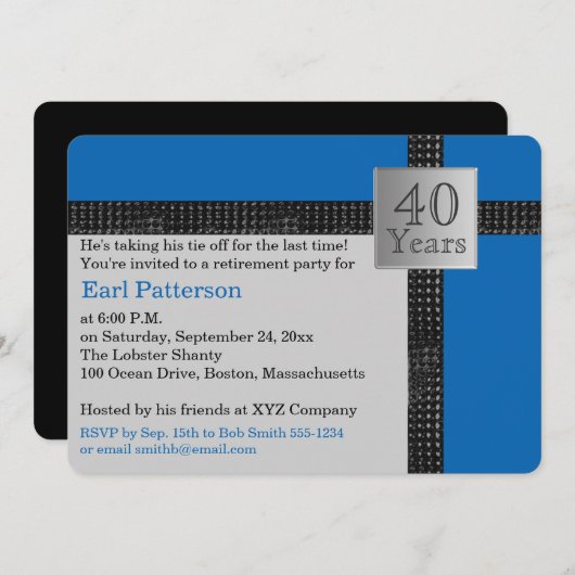 Uitnodiging voor zwarte, blauwe en grijze pensione (Voorkant / Achterkant)