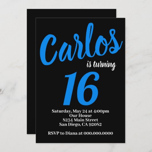 Uitnodiging voor zwarte en blauwe feestdag voor jo (Voorkant / Achterkant)