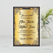 Uitnodiging voor zwarte en gouden bruiloft (Staand voorkant)