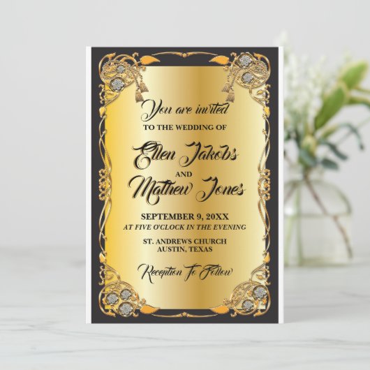 Uitnodiging voor zwarte en gouden bruiloft (Staand voorkant)