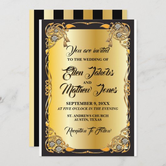 Uitnodiging voor zwarte en gouden bruiloft (Voorkant / Achterkant)