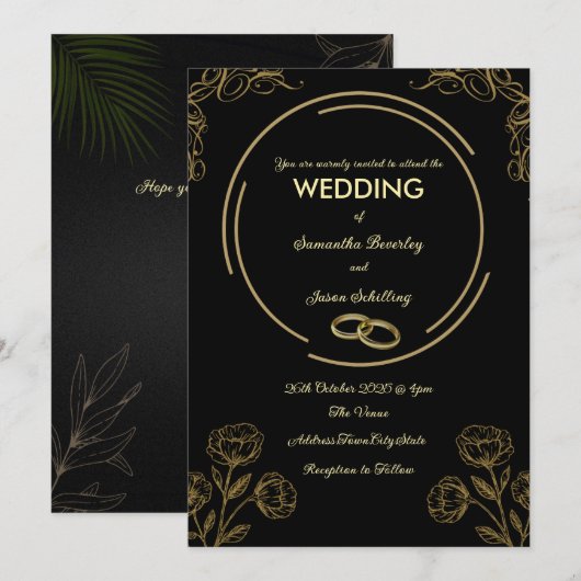 Uitnodiging voor zwarte en gouden bruiloft (Voorkant / Achterkant)