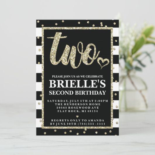 Uitnodiging voor zwarte en gouden glitter 2e verja (Staand voorkant)