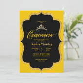 Uitnodiging voor zwarte en gouden Quinceanera (Staand voorkant)