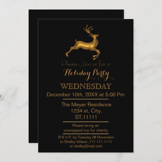 Uitnodiging voor zwarte en gouden rendierfeestdage (Voorkant / Achterkant)