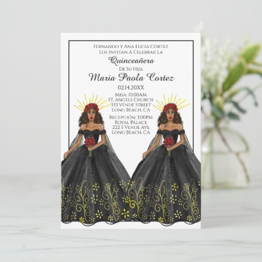 Uitnodiging voor zwarte en gouden Spaanse Quincean (Staand voorkant)