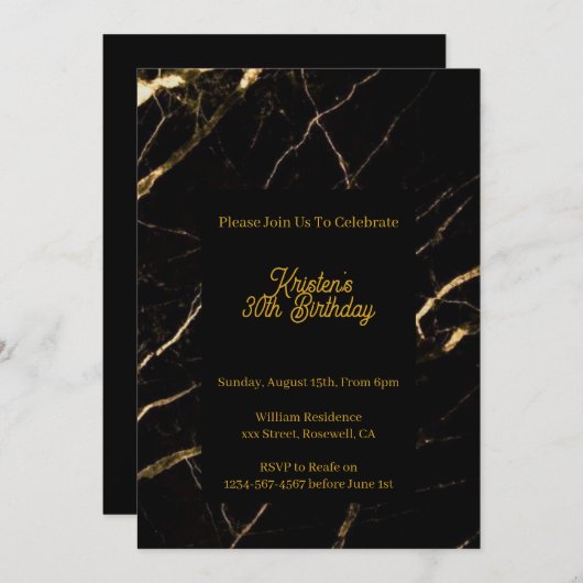 Uitnodiging voor zwarte en gouden verjaardag (Voorkant / Achterkant)