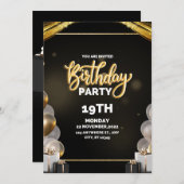 Uitnodiging voor zwarte en gouden verjaardag (Voorkant / Achterkant)