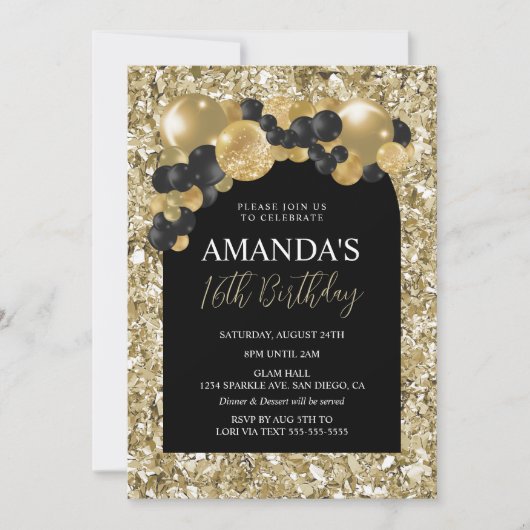 Uitnodiging voor zwarte en gouden verjaardag (Voorkant)