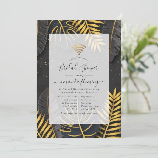 Uitnodiging voor zwarte en goudtropische virtuele (Staand voorkant)