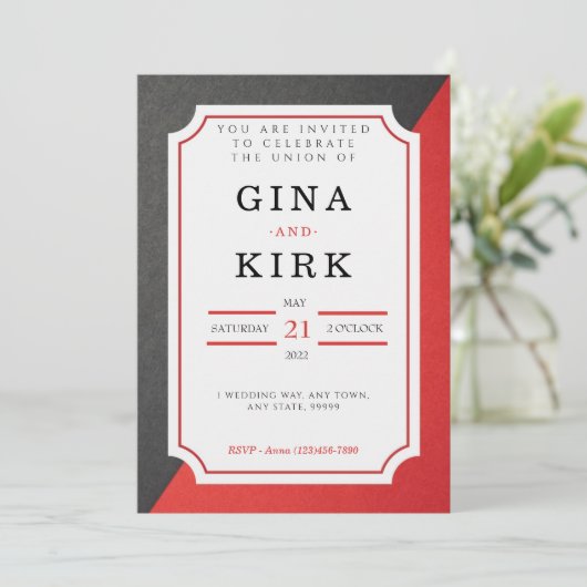 Uitnodiging voor zwarte en rode bruiloft (Staand voorkant)