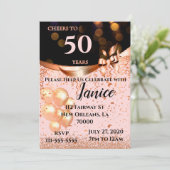 Uitnodiging voor zwarte en Roos gouden verjaardag (Staand voorkant)