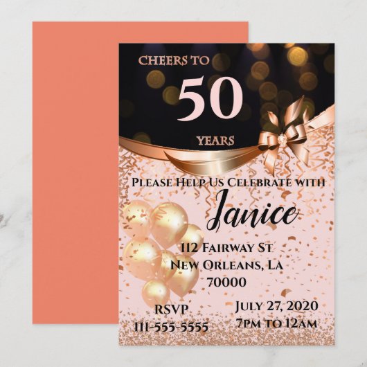 Uitnodiging voor zwarte en Roos gouden verjaardag (Voorkant / Achterkant)