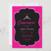 Uitnodiging voor zwarte en roze Quinceanera (Voorkant)