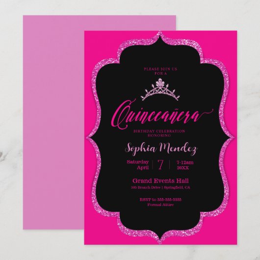 Uitnodiging voor zwarte en roze Quinceanera (Voorkant / Achterkant)