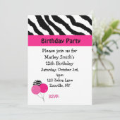 Uitnodiging voor zwarte en roze Zebra (Staand voorkant)