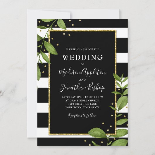 Uitnodiging voor zwarte en witte botanische bruilo (Voorkant)