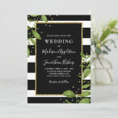 Uitnodiging voor zwarte en witte botanische bruilo (Staand voorkant)