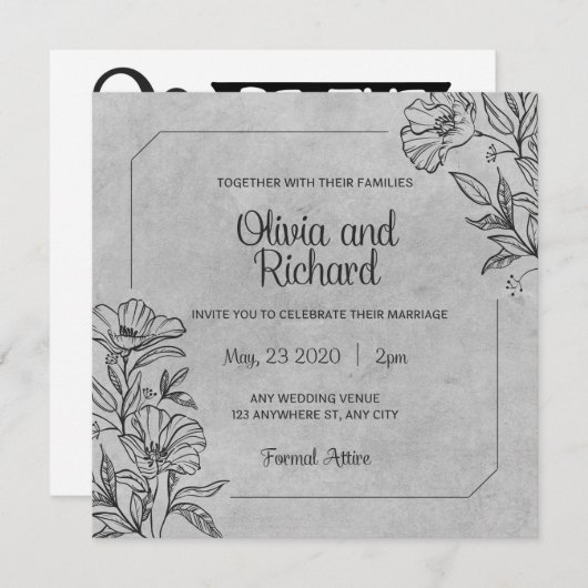 Uitnodiging voor zwarte en witte bruiloft (Voorkant / Achterkant)