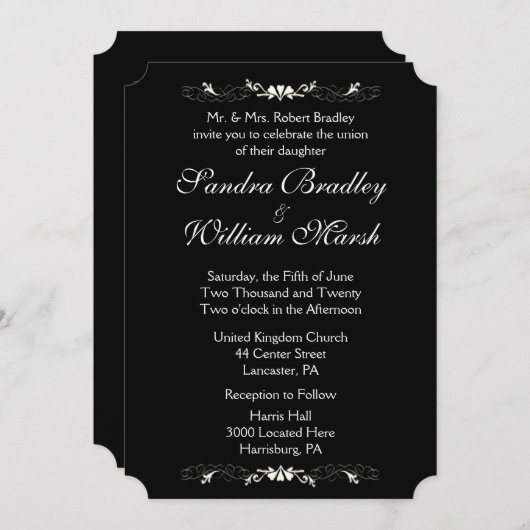 Uitnodiging voor zwarte en witte bruiloft (Voorkant / Achterkant)