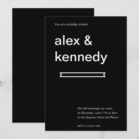 Uitnodiging voor zwarte en witte bruiloft (Voorkant / Achterkant)