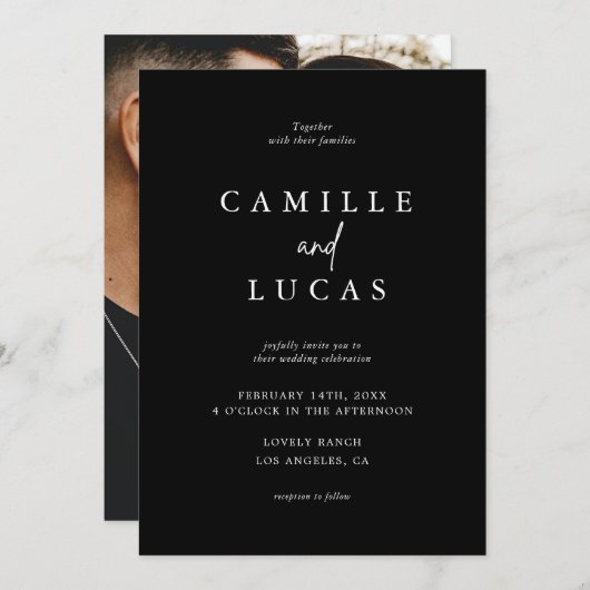 Uitnodiging voor zwarte en witte bruiloft (Voorkant / Achterkant)