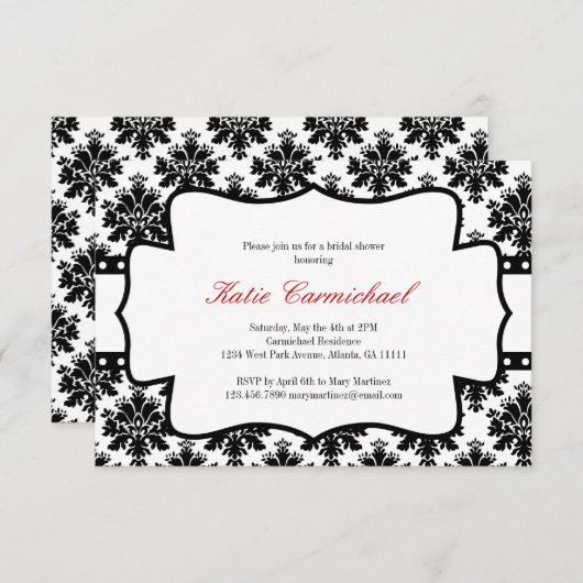 Uitnodiging voor zwarte en witte Damask (Voorkant / Achterkant)