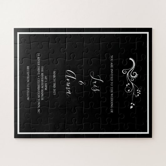 Uitnodiging voor zwarte en witte drift-bruiloft legpuzzel (Horizontaal)