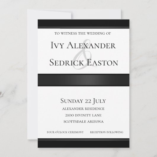 Uitnodiging voor zwarte en witte klassieke bruilof (Achterkant)
