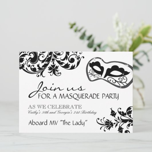 Uitnodiging voor zwarte en witte Masquerade (Staand voorkant)