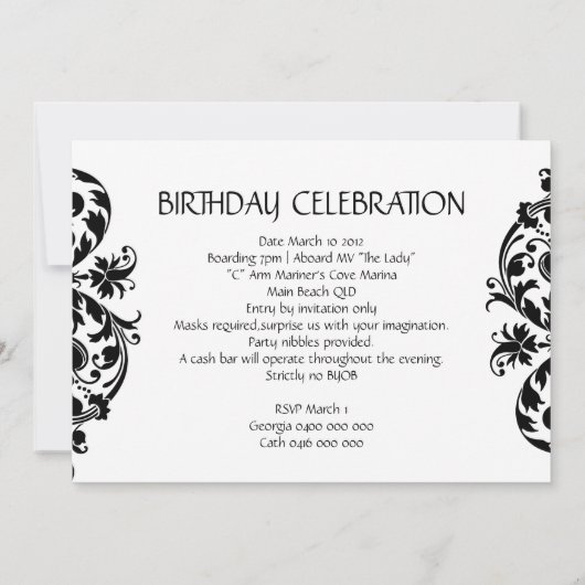 Uitnodiging voor zwarte en witte Masquerade (Achterkant)