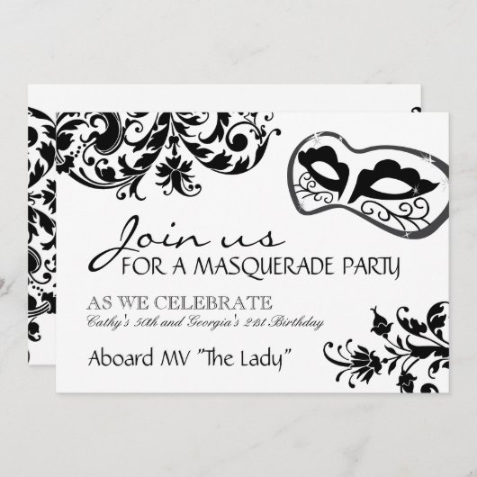 Uitnodiging voor zwarte en witte Masquerade (Voorkant / Achterkant)